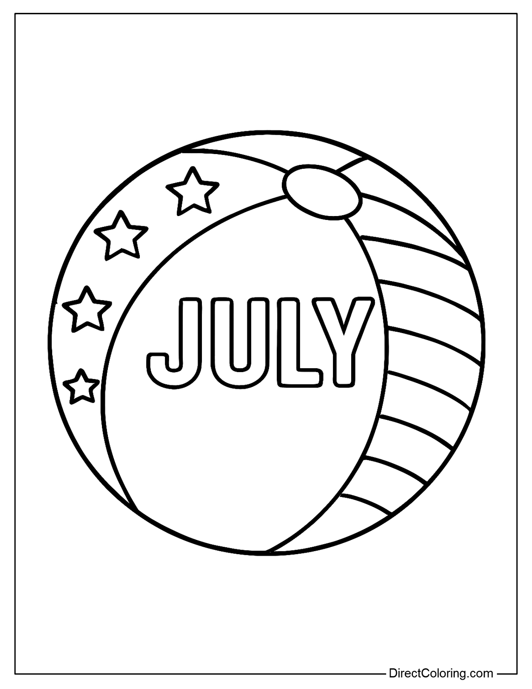 A beach ball coloring page with stars and stripes, with the word 